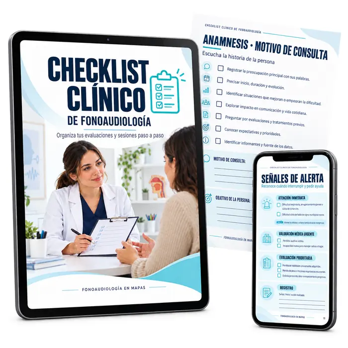 Checklist Clínico de Fonoaudiología en tablet, hoja impresa y celular