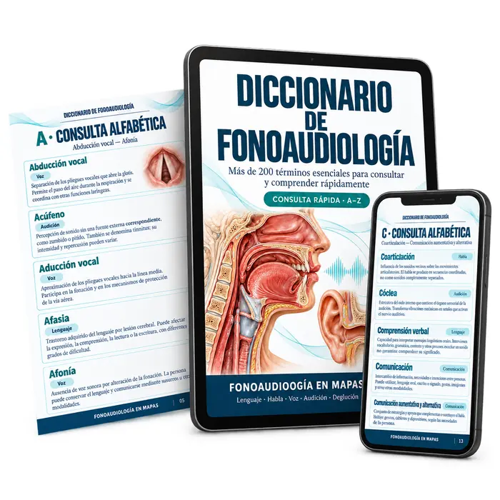 Diccionario de Fonoaudiología en tablet, hoja impresa y celular