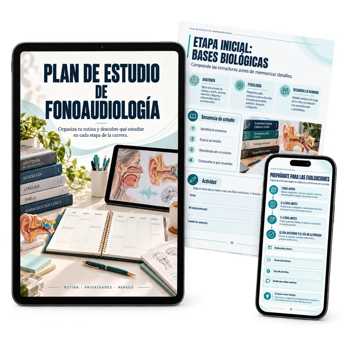 Plan de Estudio de Fonoaudiología en tablet, hoja impresa y celular